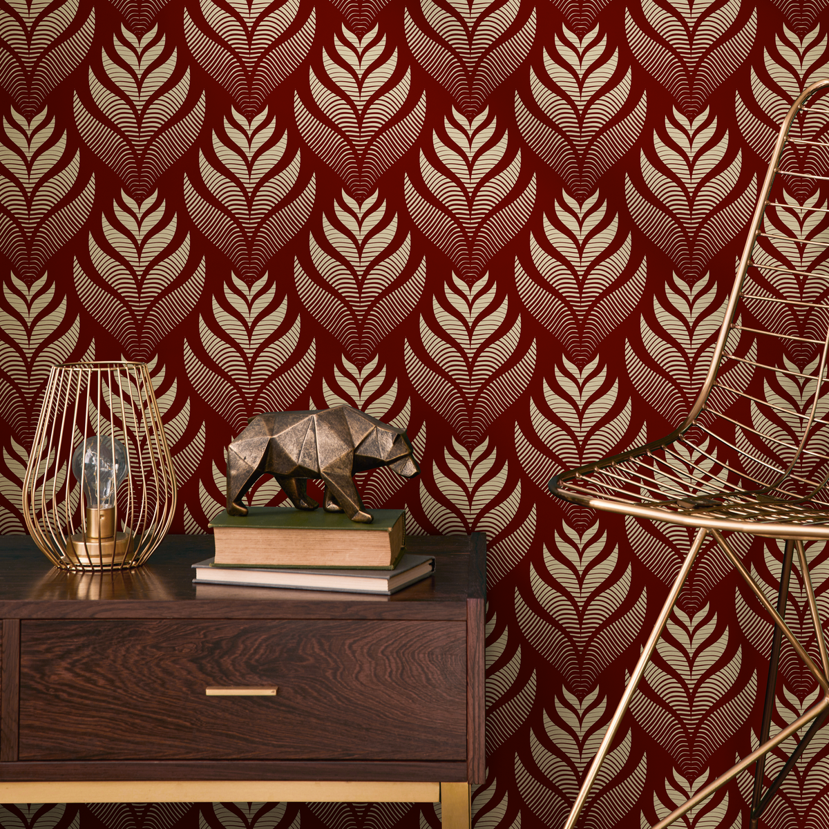 Art Deco Wallpaper with a Stylized Leaf Motif in Red and Gold - detail view
