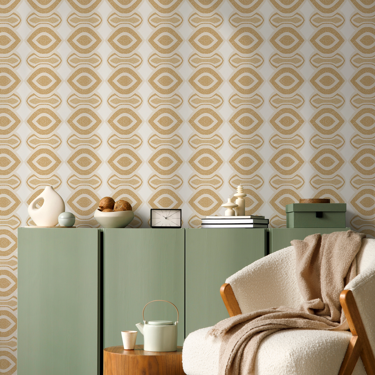 Mid Century Wallpaper with a Retro Oval Motif in Beige and Gold - detail view
