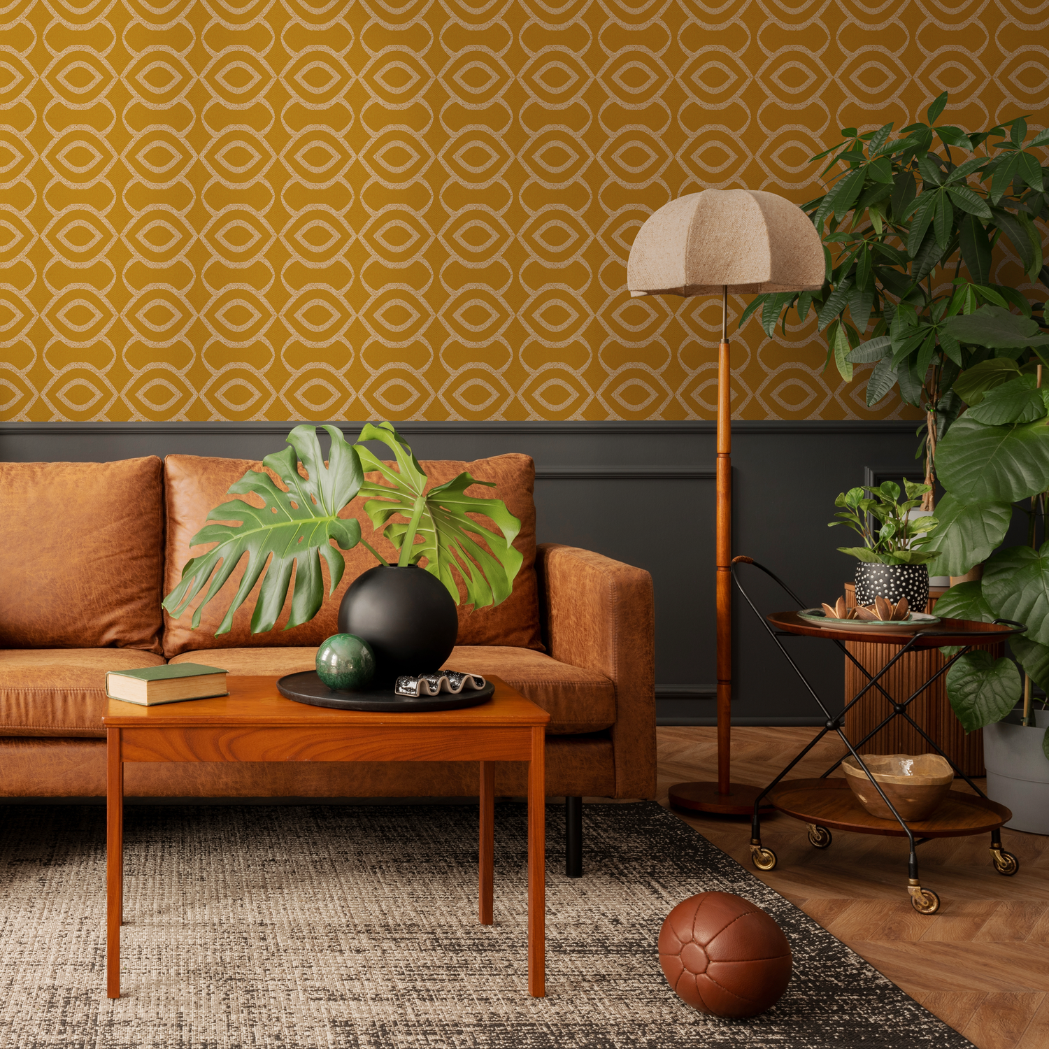 Retro Wallpaper with a Geometric Chain Link Motif in Mustard Yellow and Beige - C495