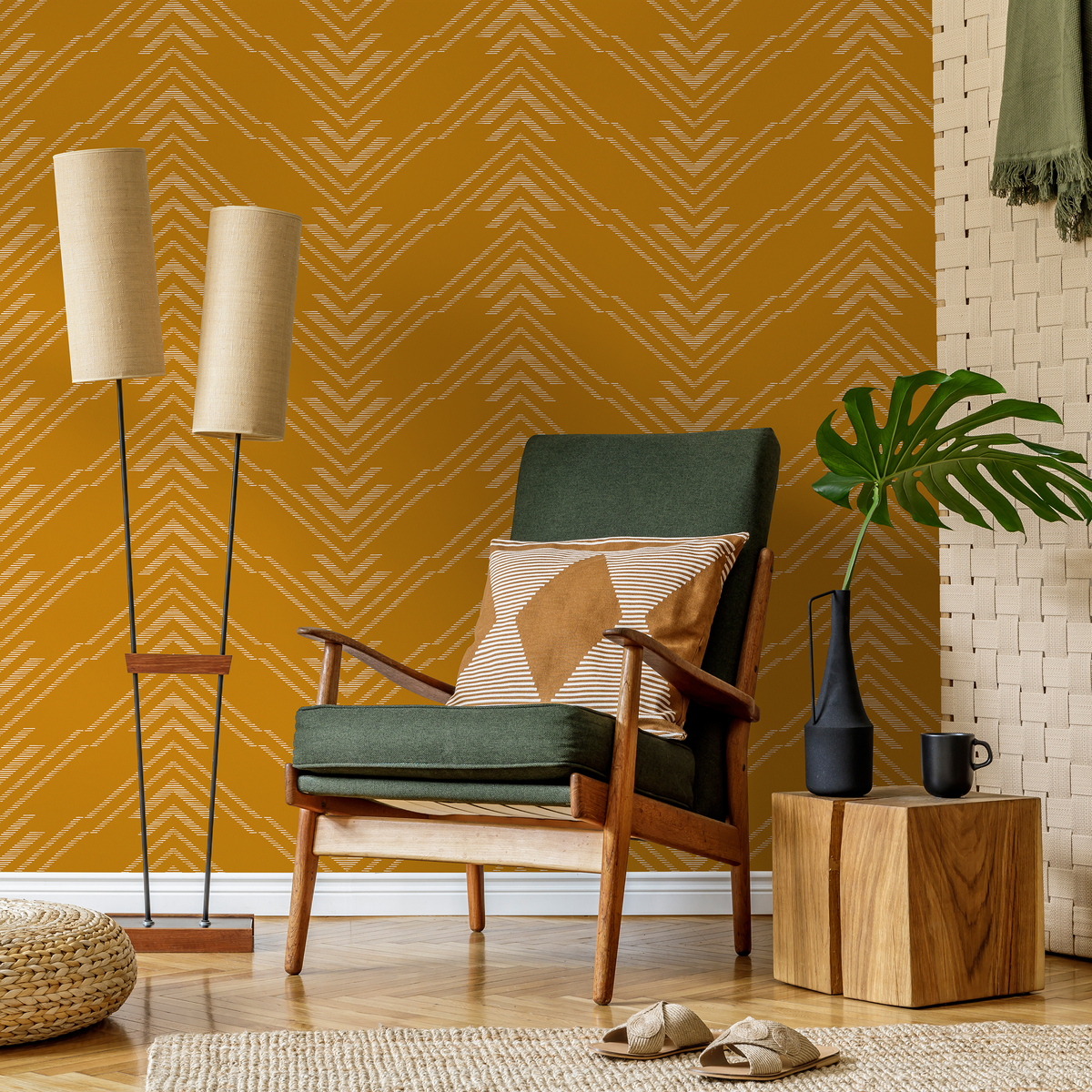 Geometric Wallpaper with a Chevron Motif in Mustard Yellow and White - detail view