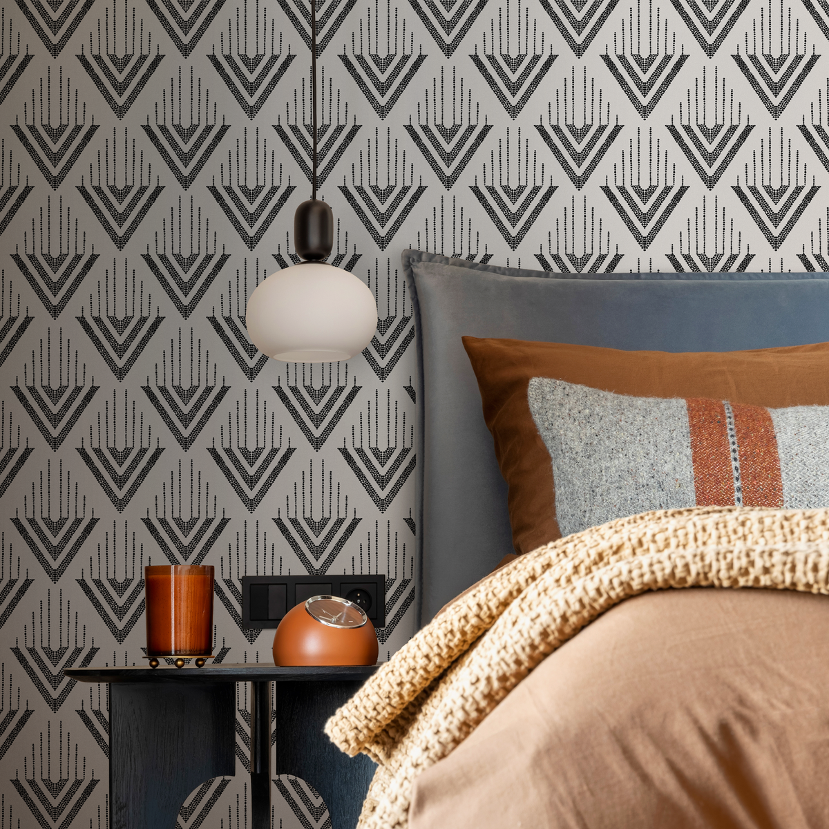 Geometric Wallpaper with a Textured Chevron Motif in Black and Off-White - detail view