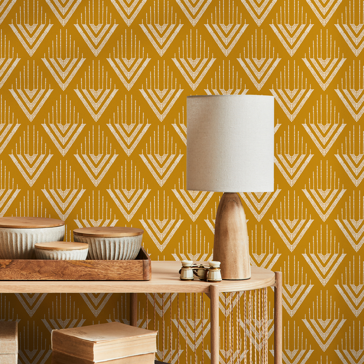 Geometric Wallpaper with a Repeating Chevron Motif in Mustard and White - room view