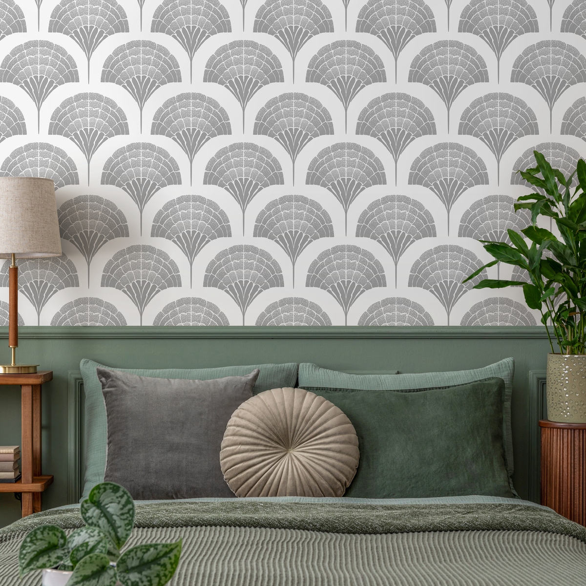 Art Deco Wallpaper with a Stylized Ginkgo Motif in Gray - detail view