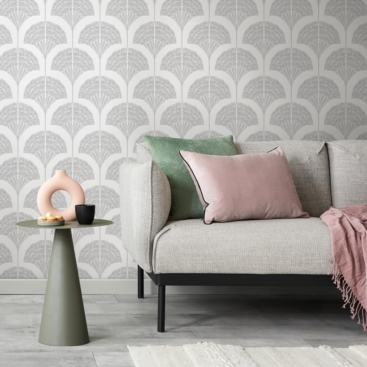 Art Deco Wallpaper with a Stylized Fan Motif in Light Gray - room view