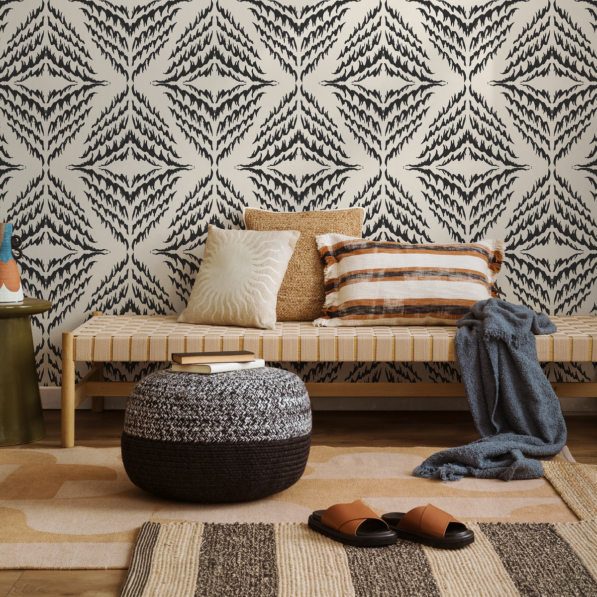 Abstract Wallpaper with a Mirrored Ikat Motif in Black and Off-White - detail view
