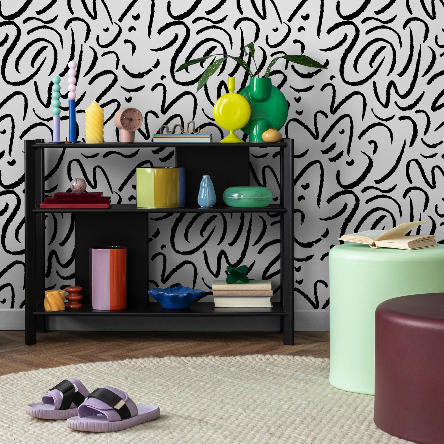 Papel tapiz autoadhesivo, papel tapiz removible, decoración del hogar, arte de pared, decoración de habitaciones / Papel tapiz de pincel blanco y negro - C507