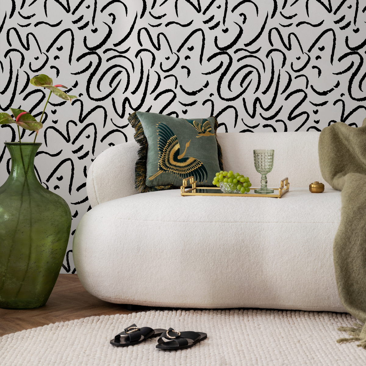 Abstract Wallpaper Featuring Hand-Drawn Brush Strokes in Black and White - detail view
