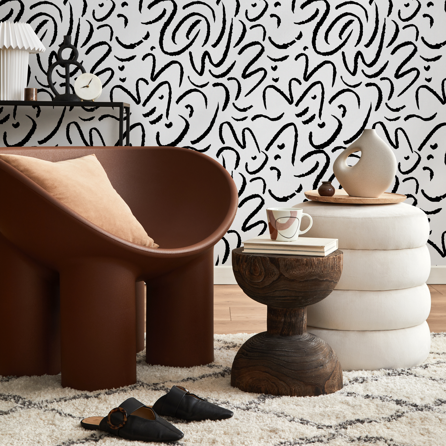 Papel tapiz autoadhesivo, papel tapiz removible, decoración del hogar, arte de pared, decoración de habitaciones / Papel tapiz de pincel blanco y negro - C507