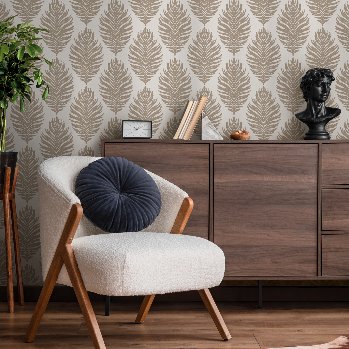 Boho Wallpaper with a Stylized Leaf Damask in Taupe and Beige - detail view