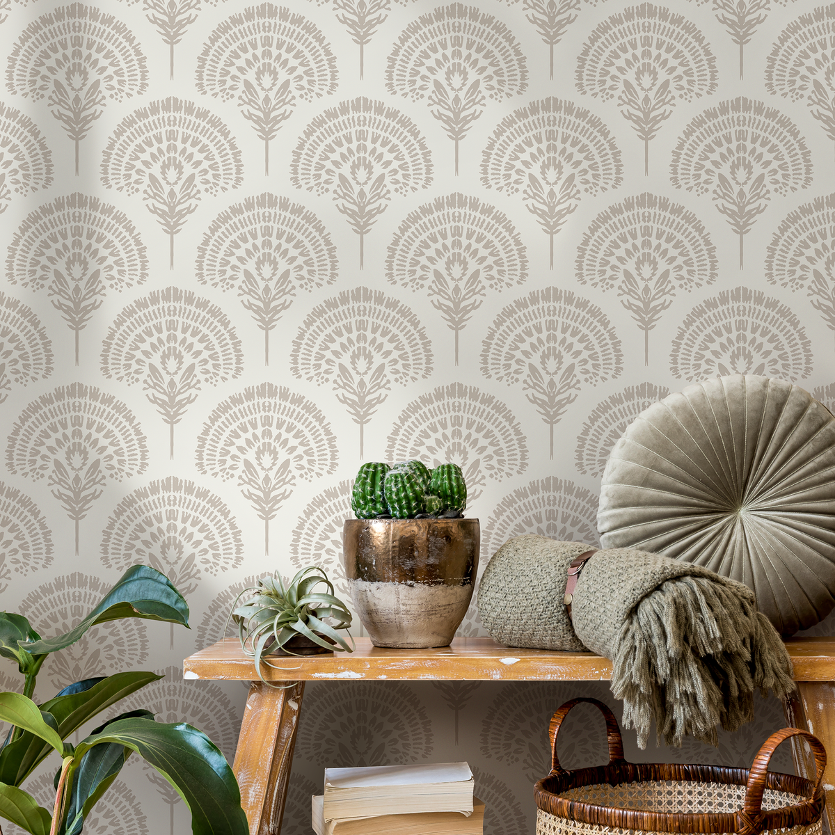 Bohemian Wallpaper with a Stylized Palm Motif in Greige and Beige - detail view