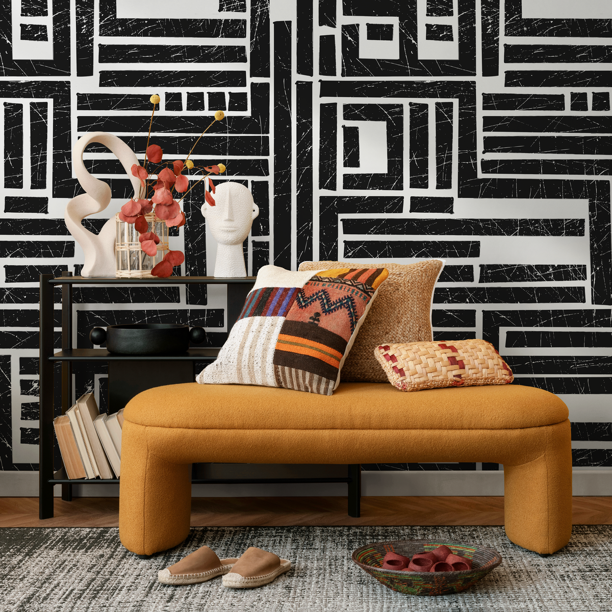 Geometric Wallpaper with a Distressed Block Maze in Black and White - room view