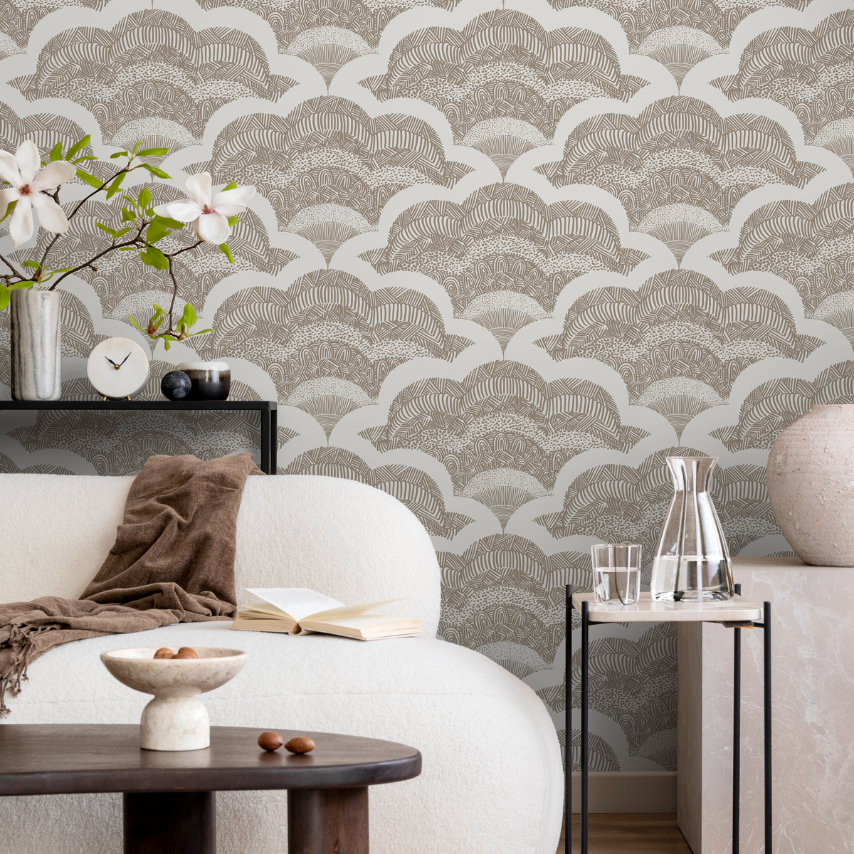 Scallop Wallpaper with Intricate Hand-Drawn Textures in Taupe and Cream - detail view