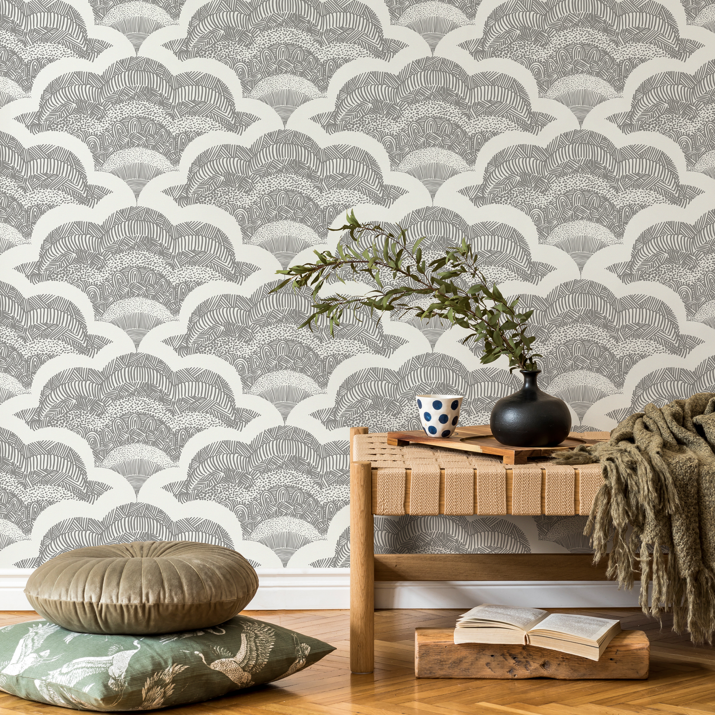 Wallpaper Peel and Stick Wallpaper Removable Wallpaper Home Decor Wall Art Wall Decor Room Decor / Gray Boho Scallop Wallpaper - C513