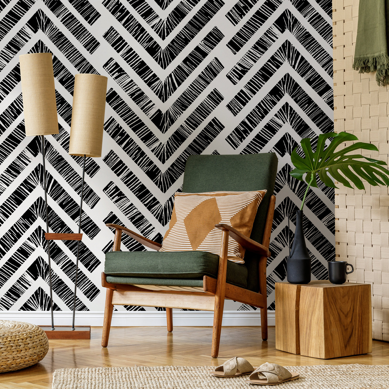 Papel tapiz autoadhesivo, papel tapiz removible, decoración del hogar, arte de pared, decoración de habitaciones / Papel tapiz Chevron blanco y negro - C514