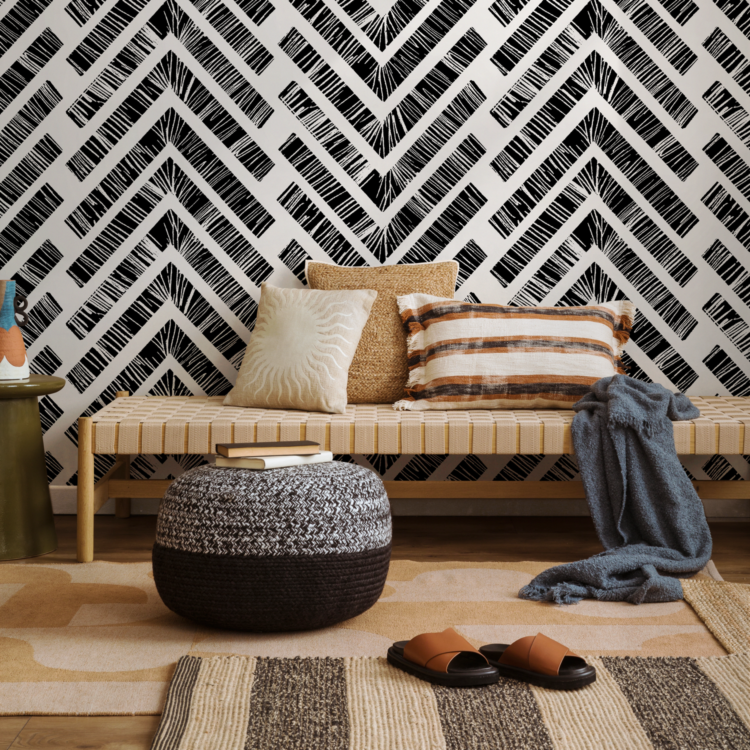 Papel tapiz autoadhesivo, papel tapiz removible, decoración del hogar, arte de pared, decoración de habitaciones / Papel tapiz Chevron blanco y negro - C514