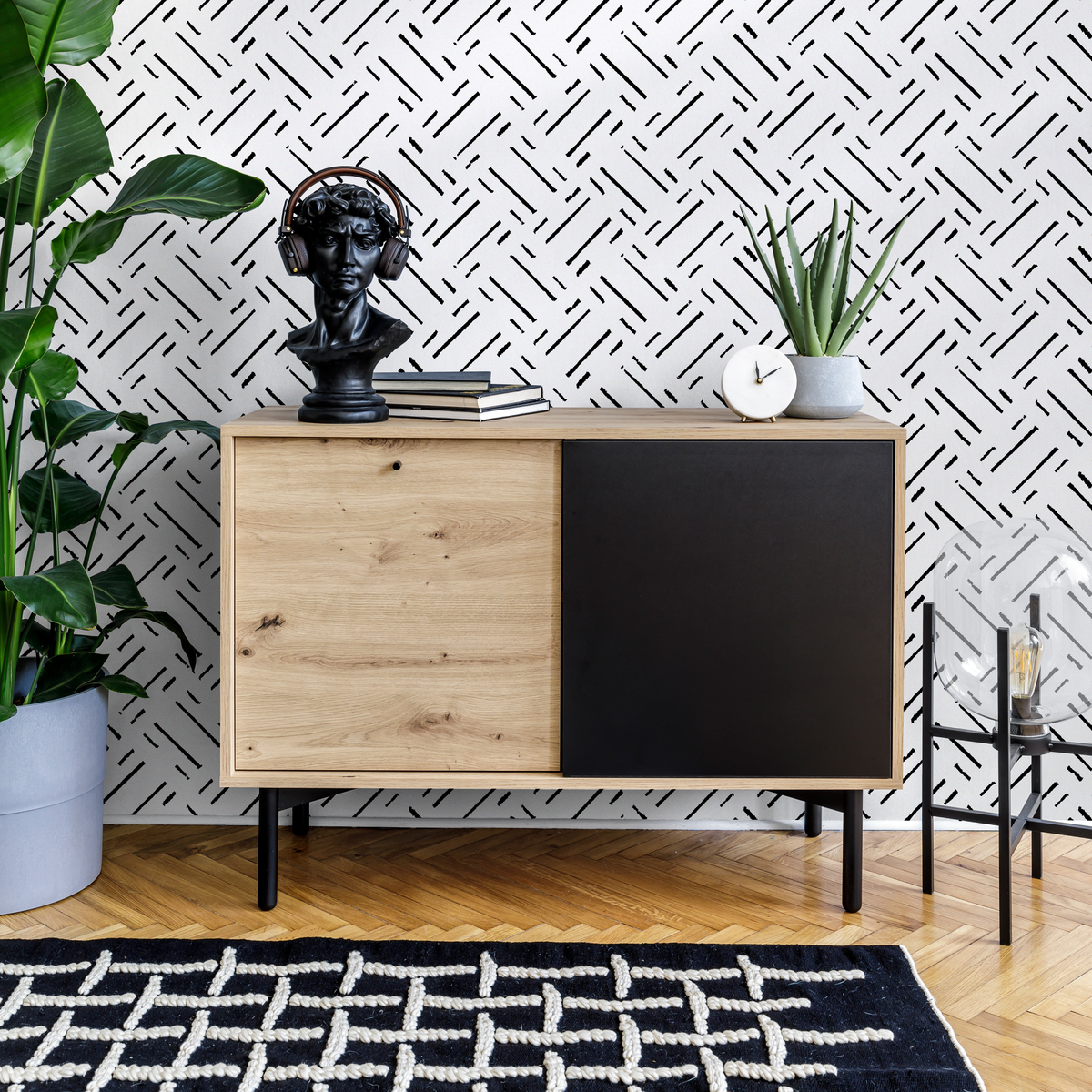 Abstract Wallpaper with Diagonal Brushstrokes in Black and White - detail view