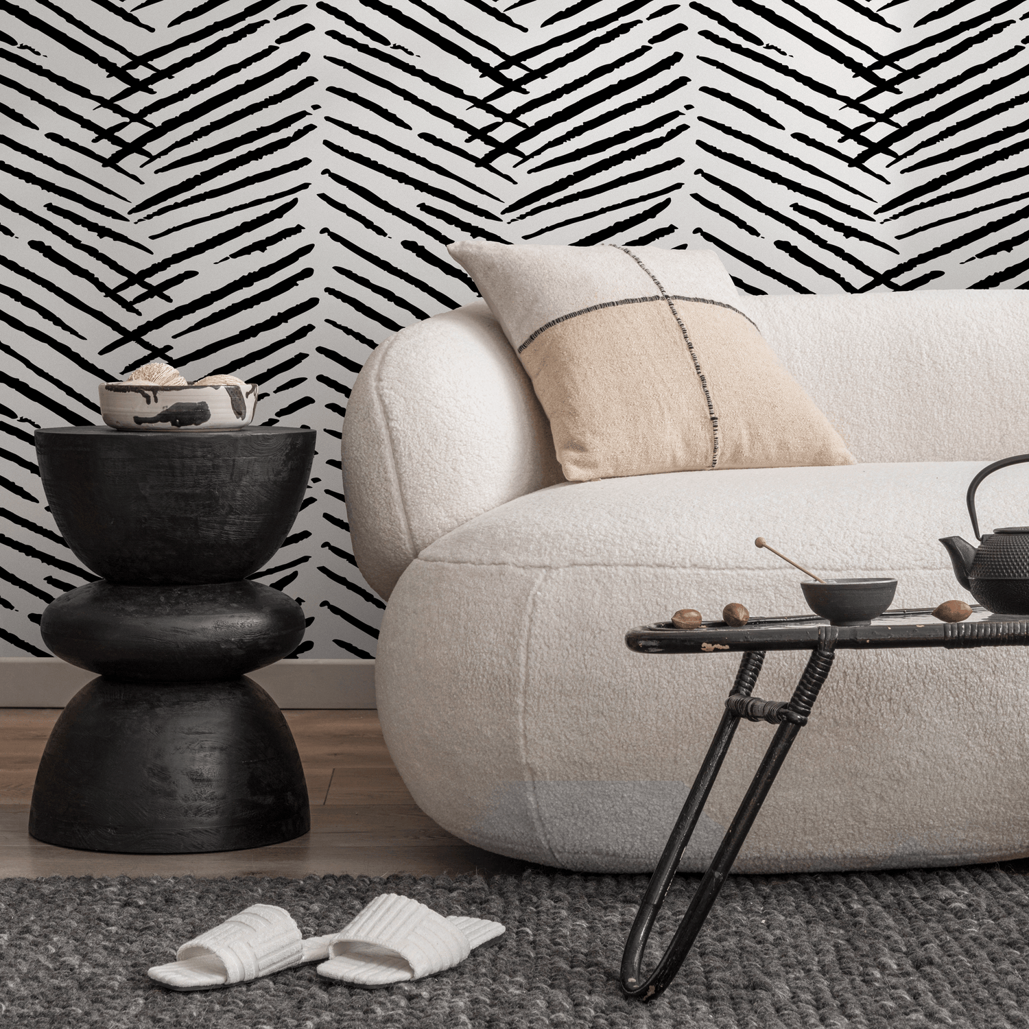 Papel tapiz autoadhesivo, papel tapiz removible, decoración del hogar, arte de pared, decoración de habitaciones / Papel tapiz bohemio en blanco y negro - C518