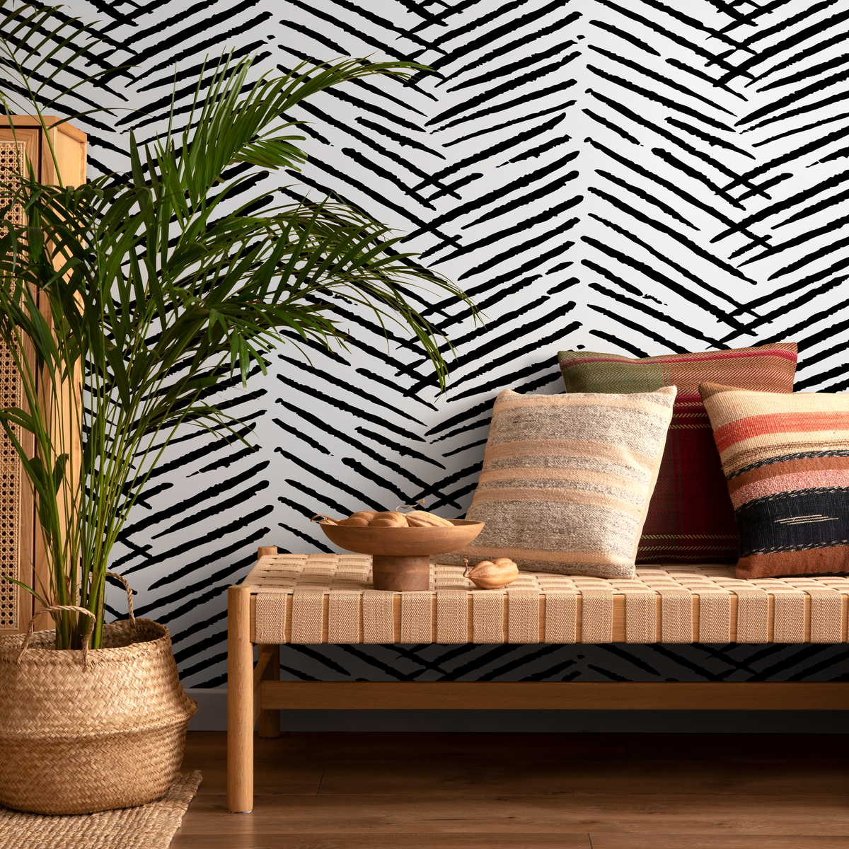 Boho Wallpaper with a Hand-Drawn Herringbone Motif in Black and White - detail view