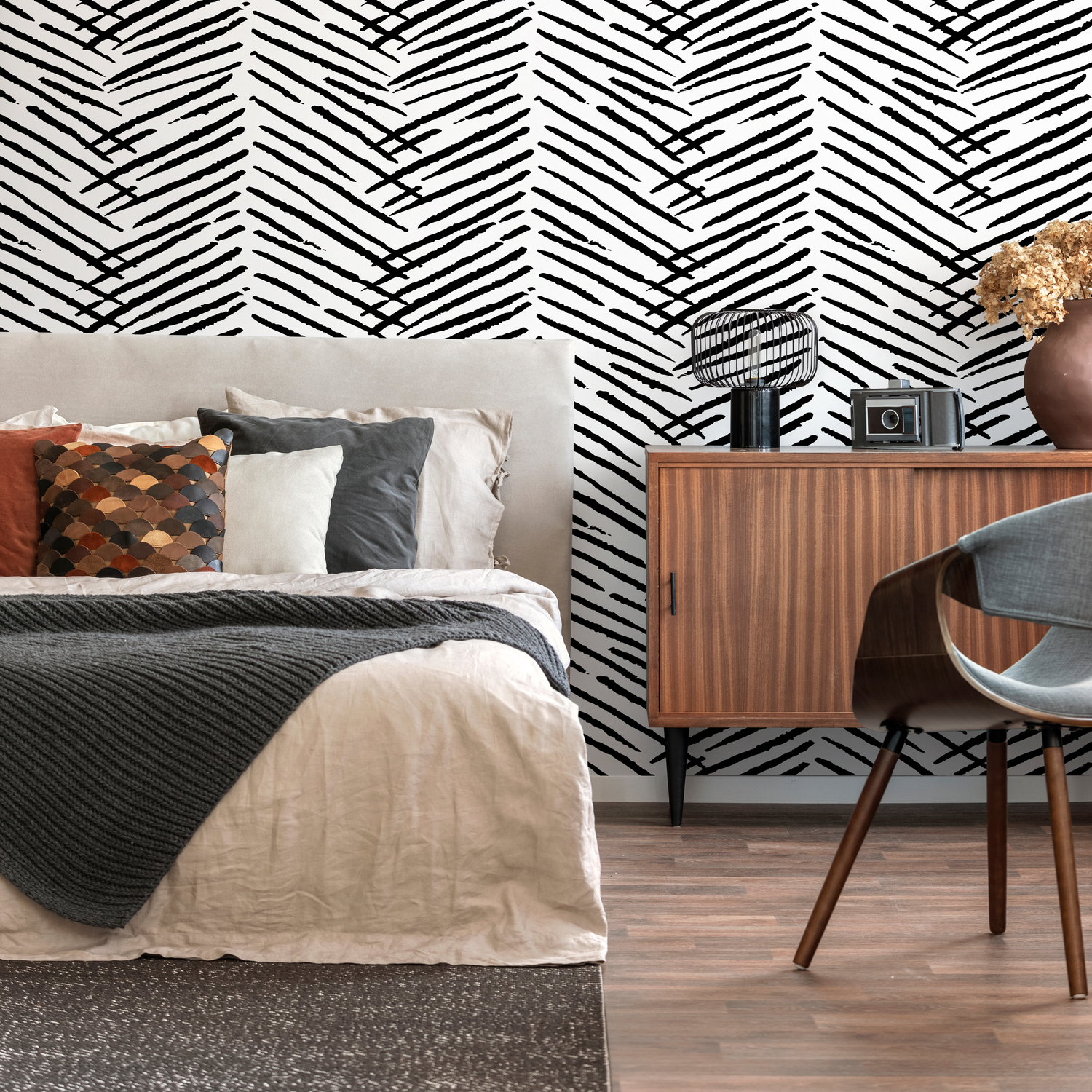 Papel tapiz autoadhesivo, papel tapiz removible, decoración del hogar, arte de pared, decoración de habitaciones / Papel tapiz bohemio en blanco y negro - C518