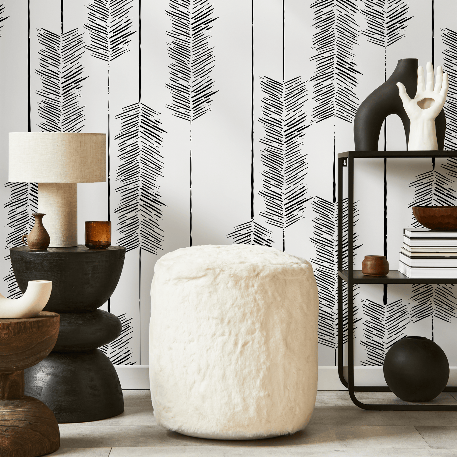 Papier peint autocollant amovible, décoration d'intérieur, art mural, décoration de chambre / Papier peint bohème noir et blanc - C520