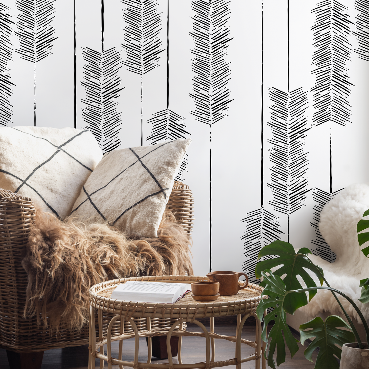 Boho Wallpaper with an Arrow Motif in Black and White - detail view