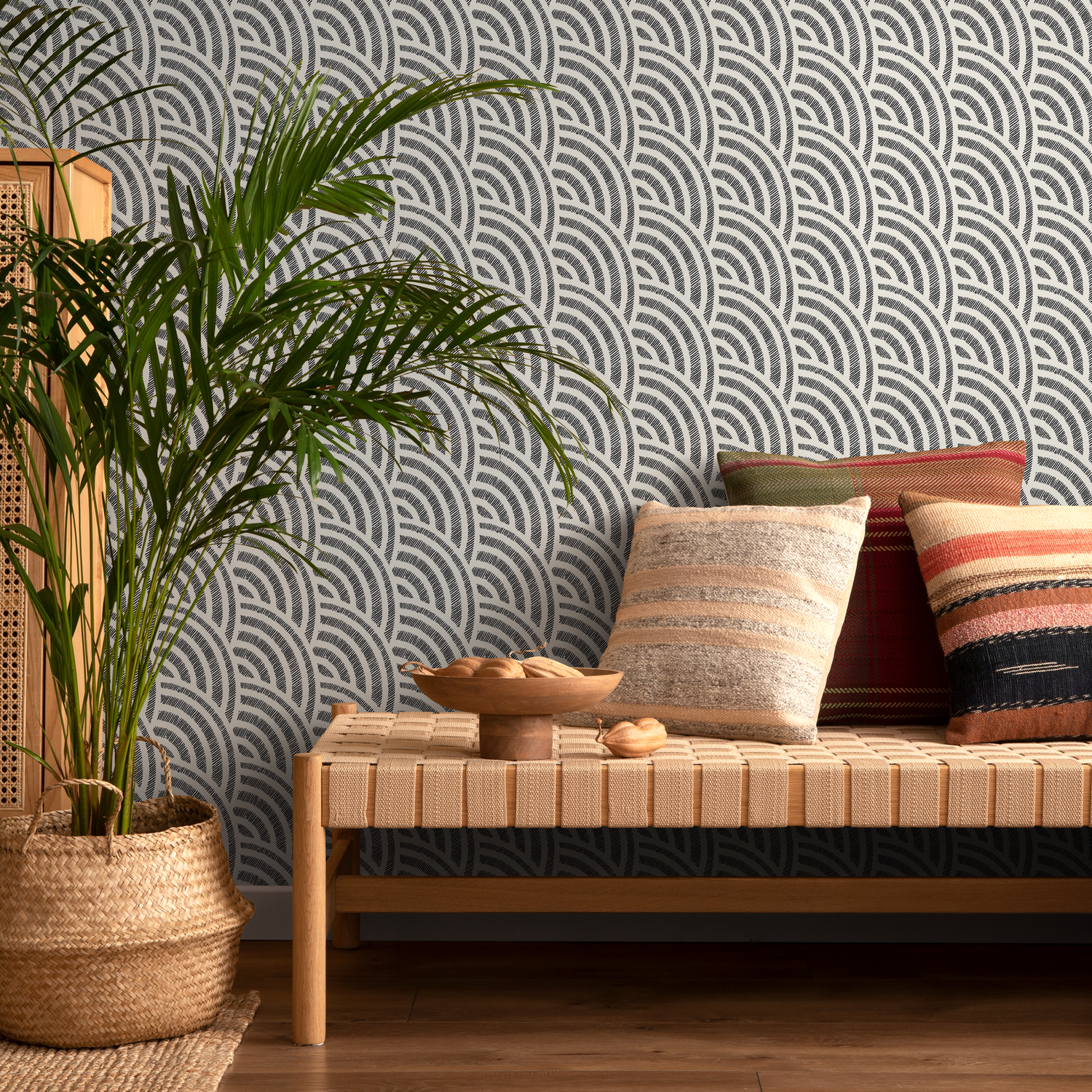 Papel pintado autoadhesivo, papel pintado extraíble, decoración del hogar, arte de pared, decoración de habitaciones / Papel pintado de vieiras bohemio negro - C521