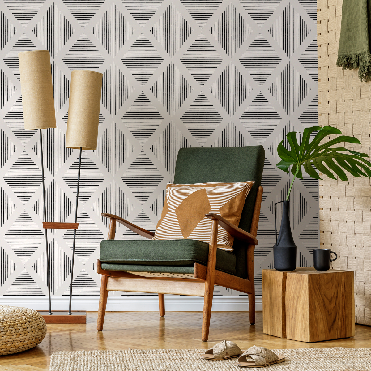 Geometric Minimalist Wallpaper with a Lined Diamond Motif in Black and Cream - detail view