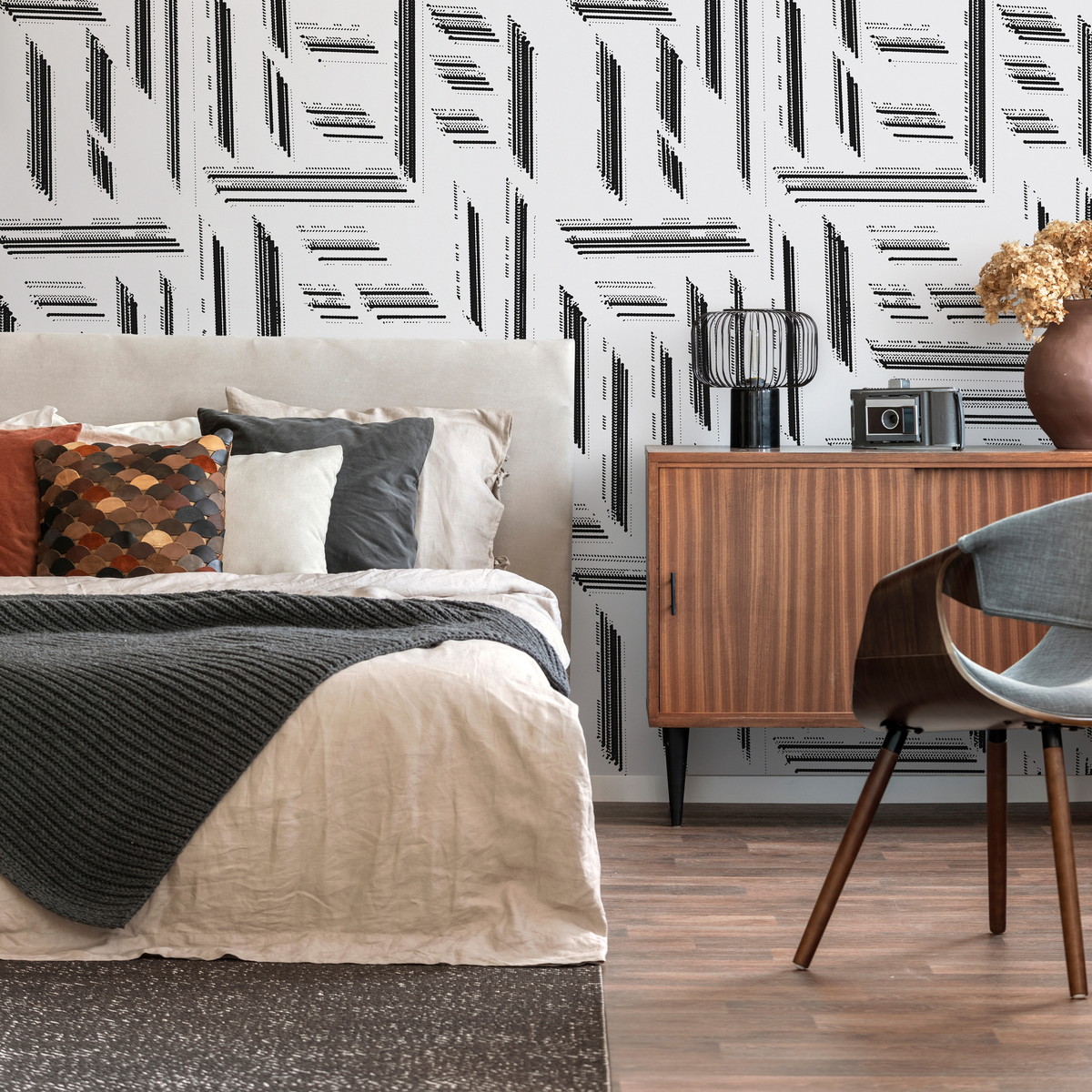 Abstract Wallpaper with a Dotted Block Motif in Black and White - detail view
