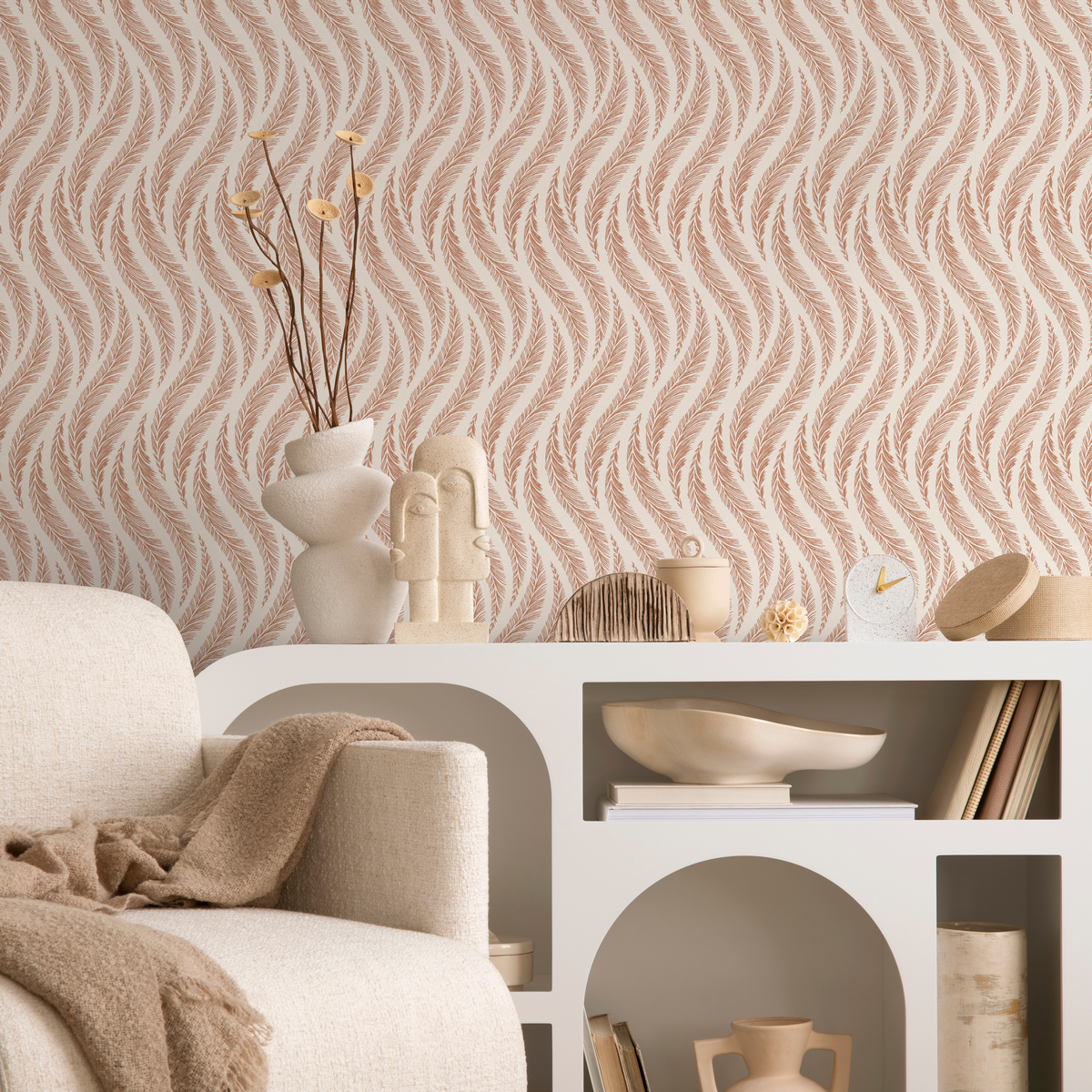 Bohemian Wallpaper with a Wavy Feather Motif in Terracotta and Beige - detail view