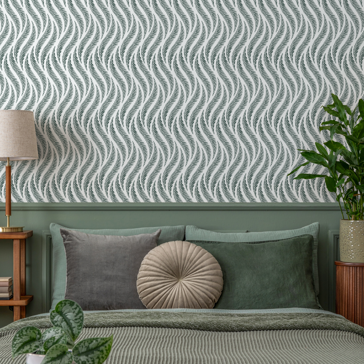 Feather Wallpaper with a Wavy Pattern in Green and Gray - detail view