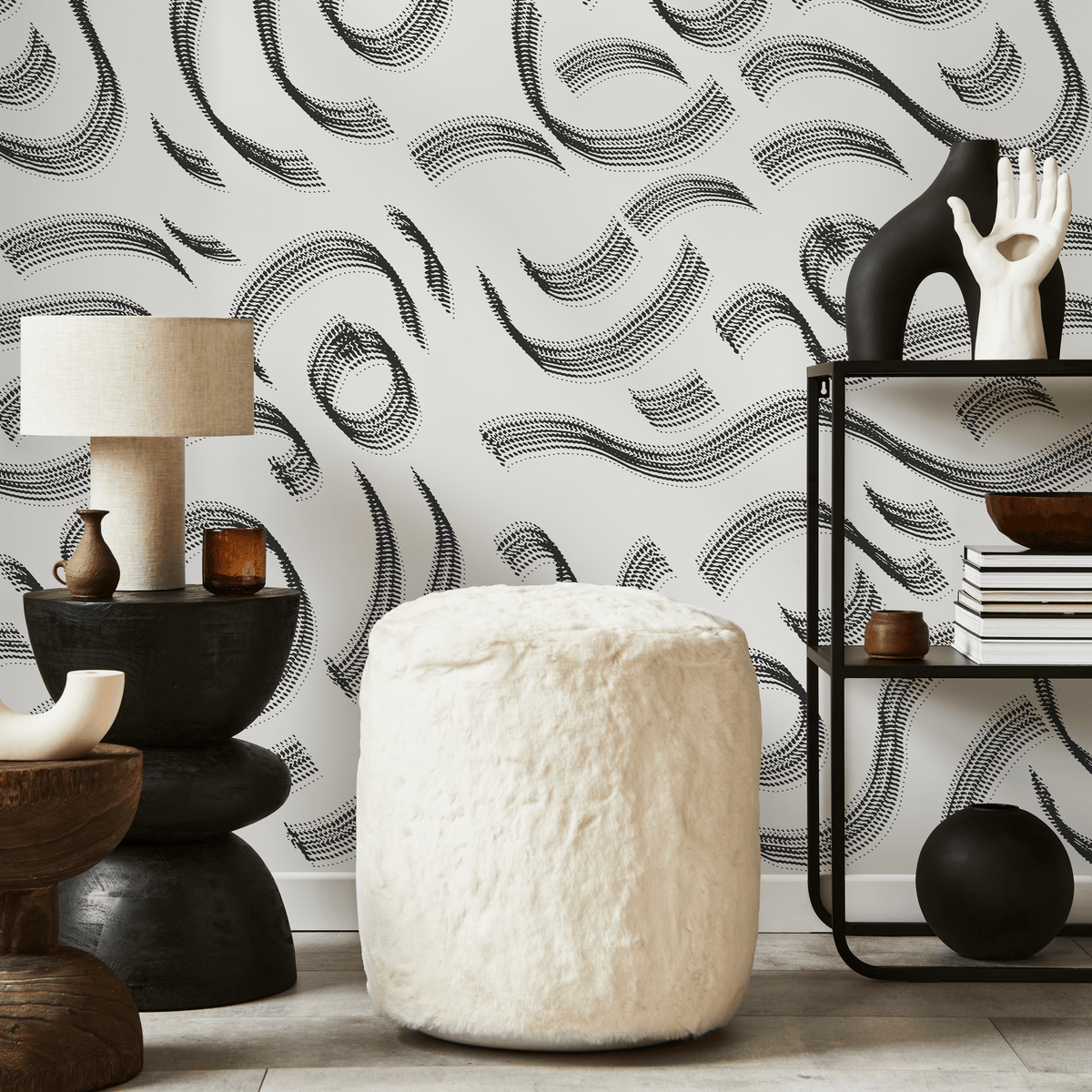 Abstract Wallpaper with Flowing Dotted Lines in Black and Gray - detail view