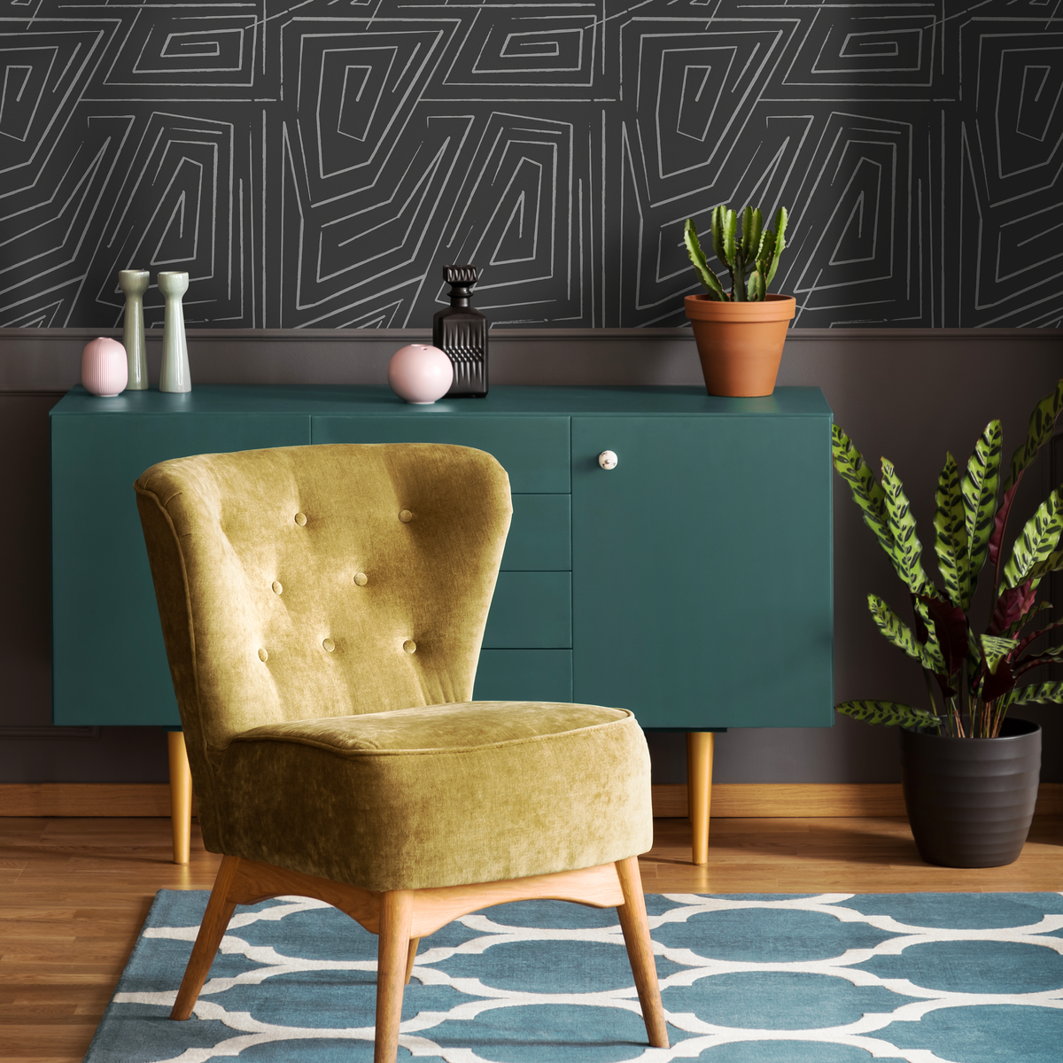 Abstract Wallpaper with a Sketched Labyrinth in Charcoal and Gray - detail view