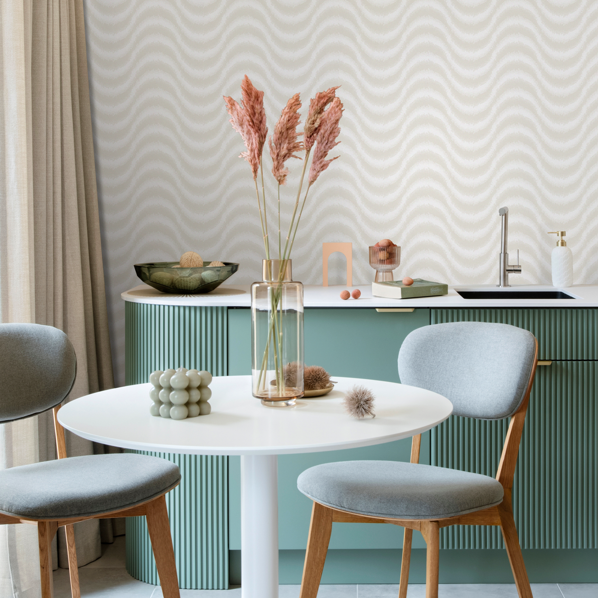 Minimalist Soft Wavy Abstract Wallpaper in Beige and Cream - detail view