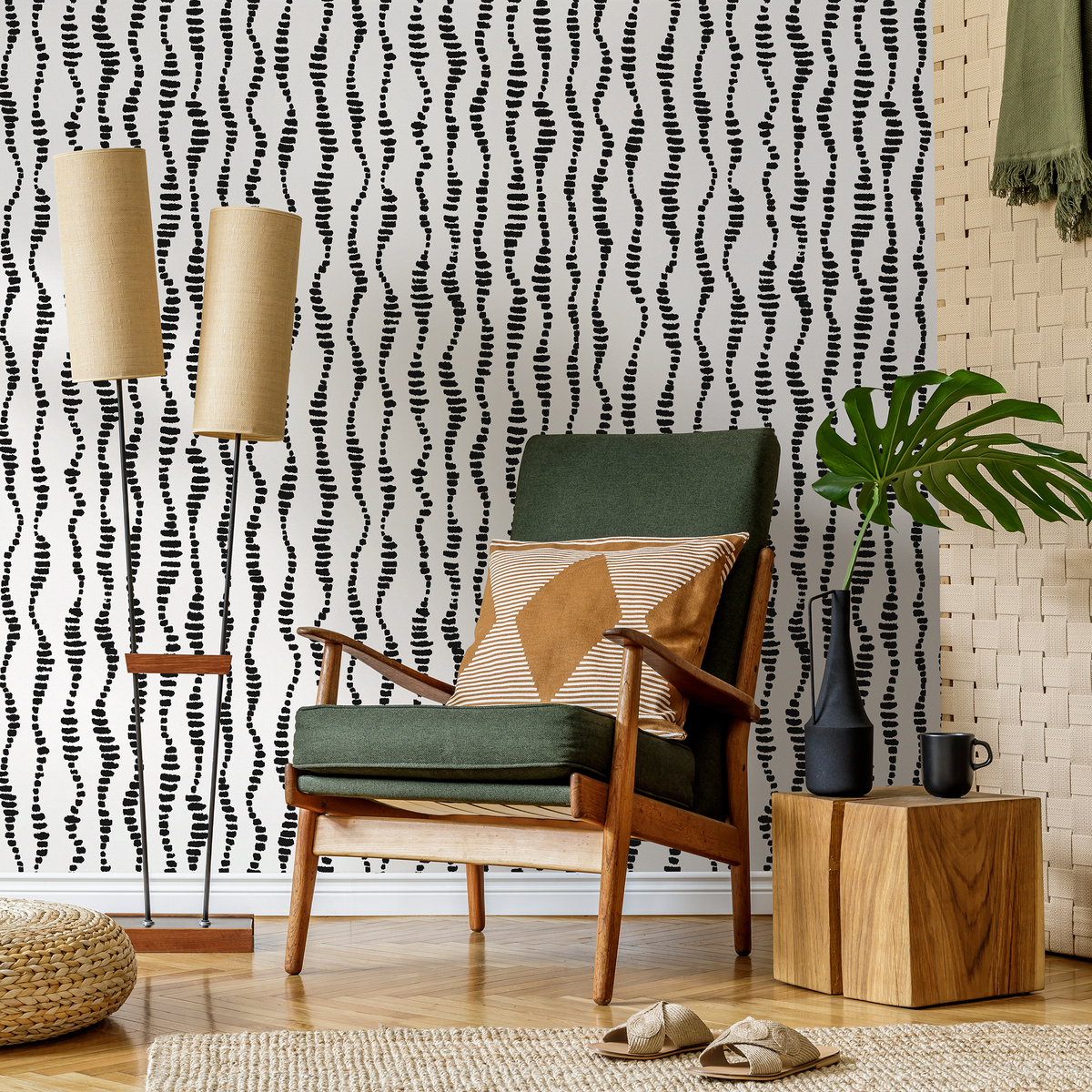 Abstract Wallpaper with Wavy Dashed Lines in Black and White - detail view