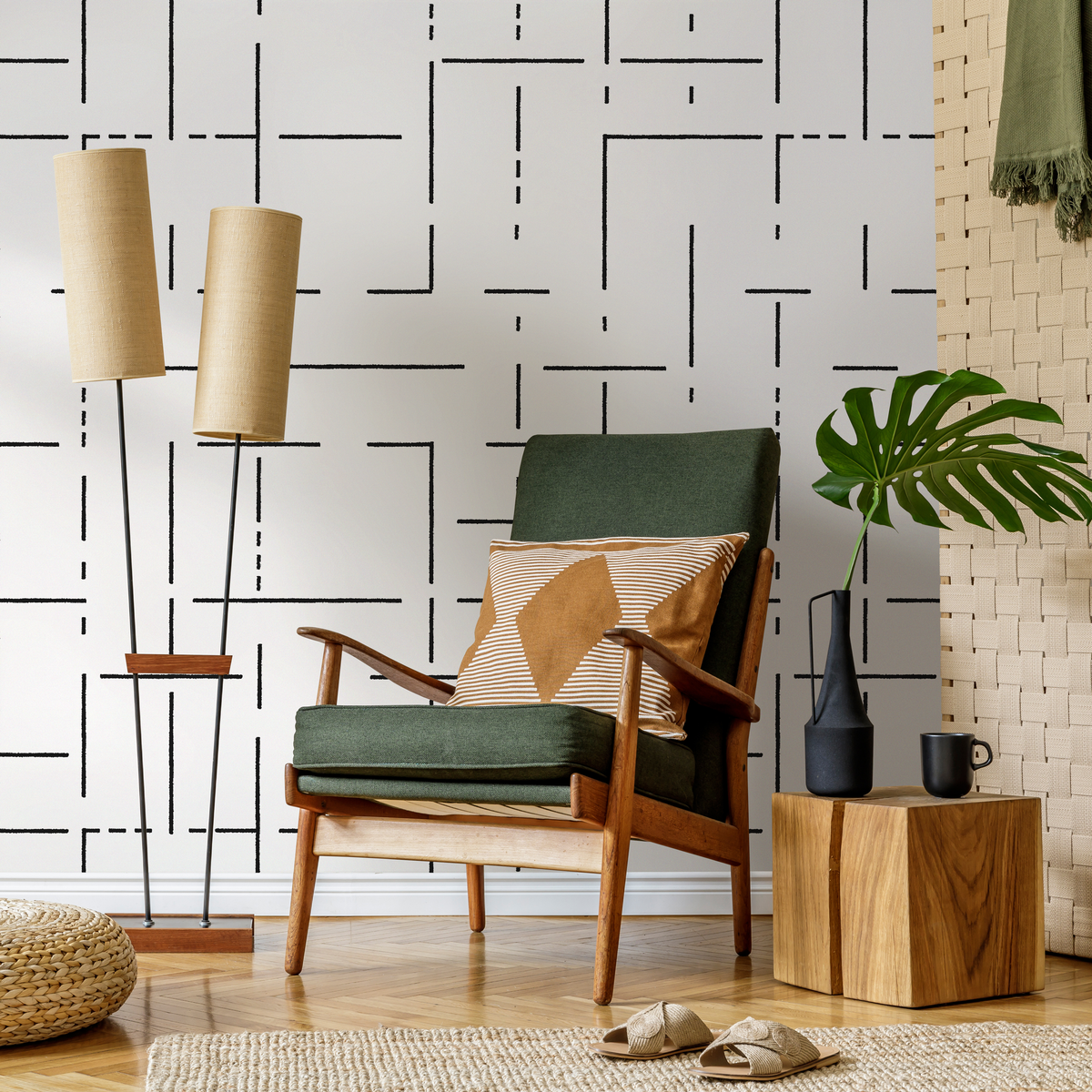 Minimalist Modern Linear Maze Geometric Wallpaper in Black and White - detail view