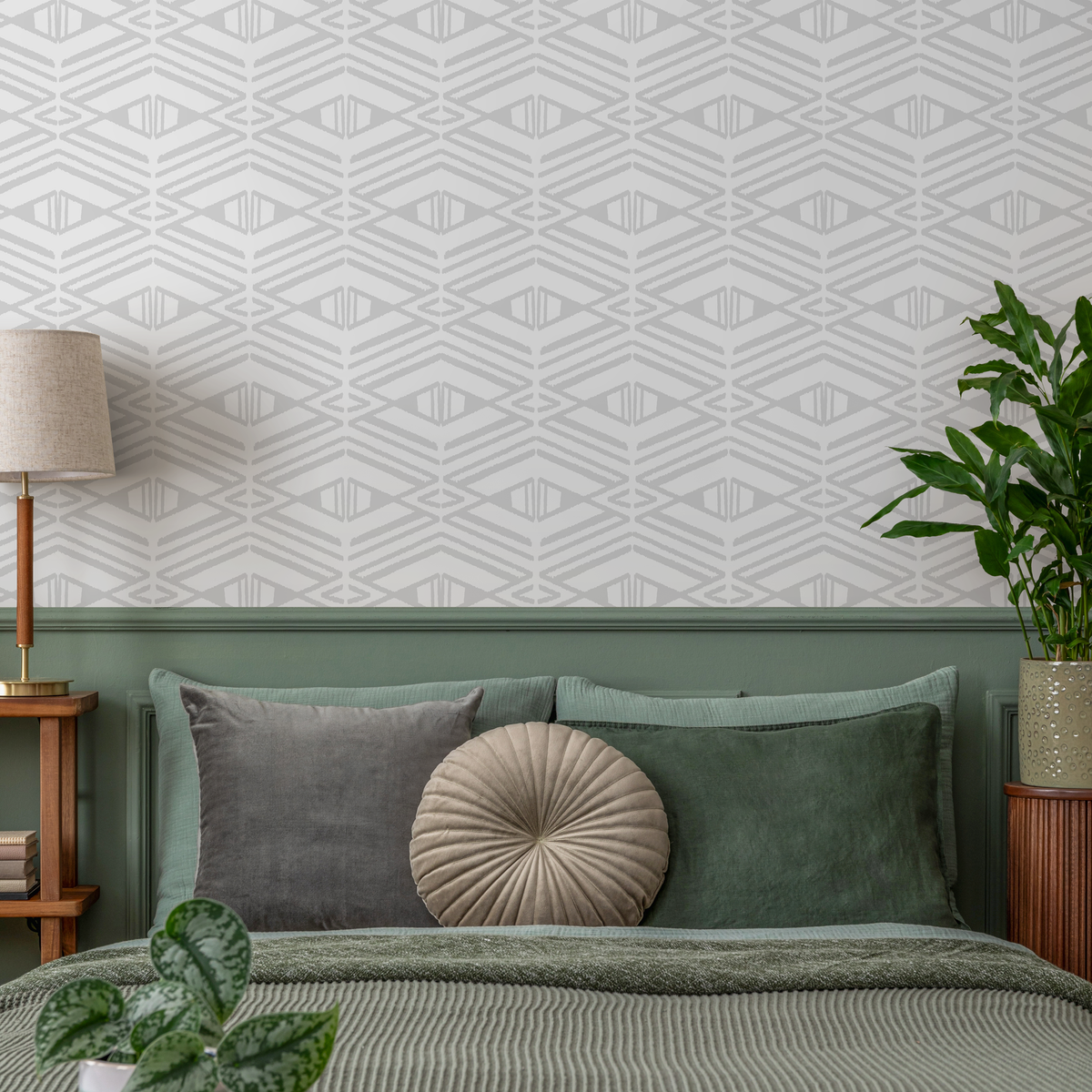 Geometric Wallpaper with a Tribal Diamond Motif in Light Gray - detail view