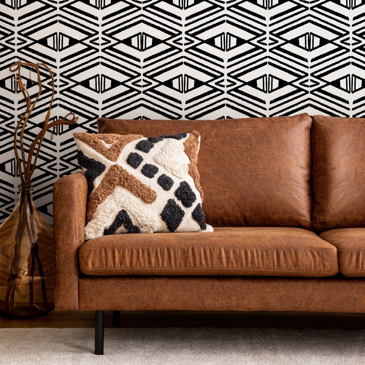 Geometric Wallpaper with a Stamped Diamond Motif in Black and White - detail view