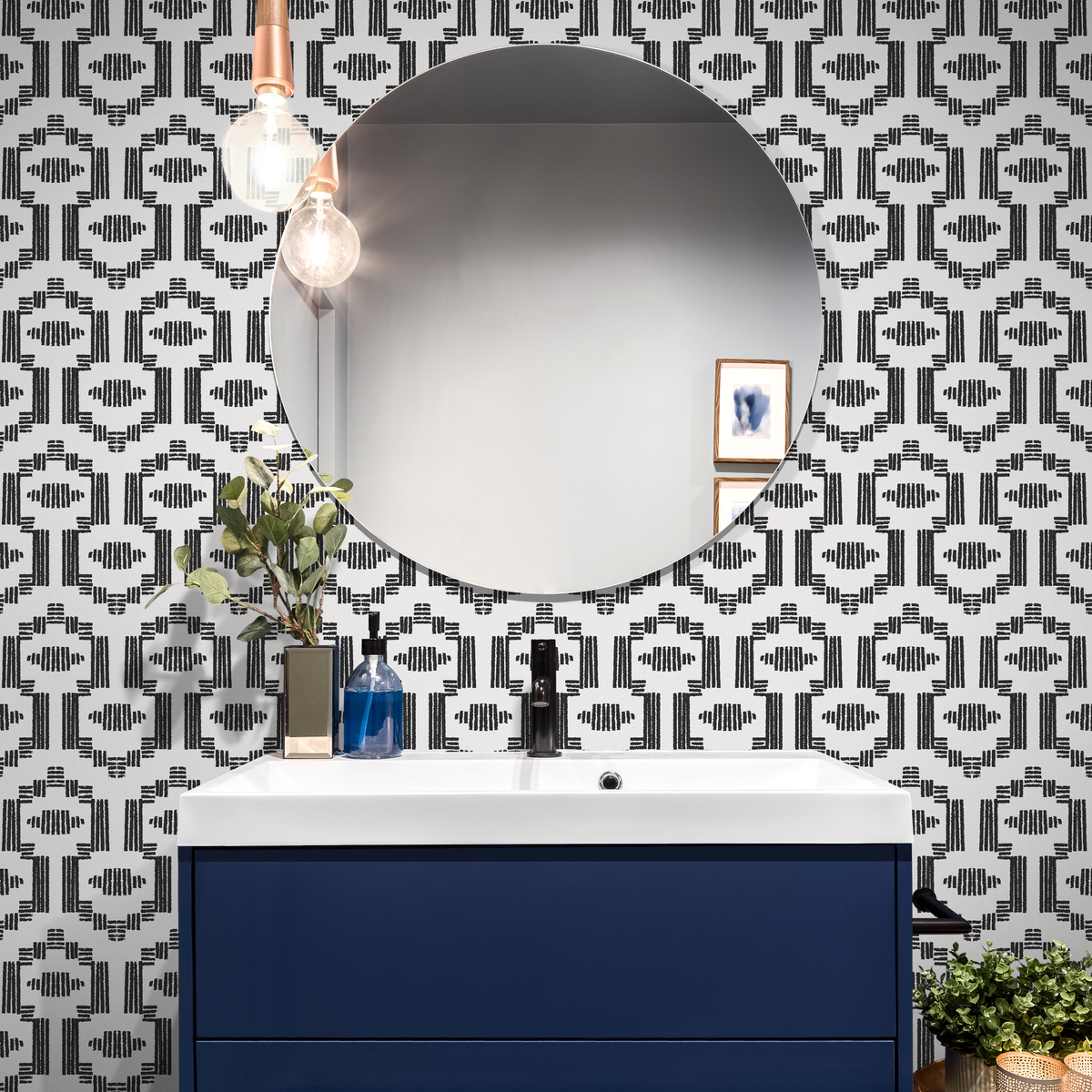 Geometric Wallpaper with a Boho Inspired Motif in Black and White - detail view