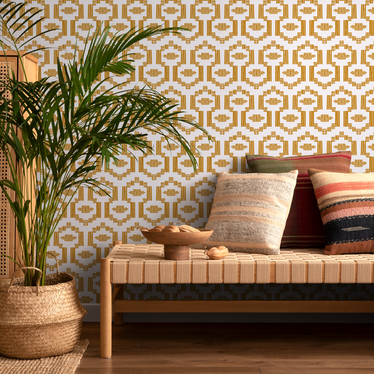 Boho Wallpaper with a Tribal-Inspired Pattern in Yellow - detail view