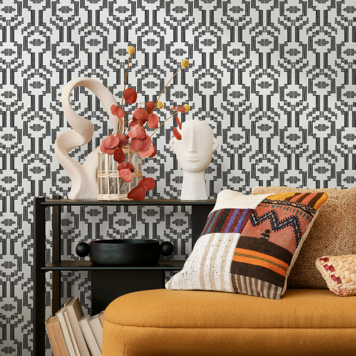 Geometric Wallpaper with a Bold Tribal Motif in Black and Gray - detail view