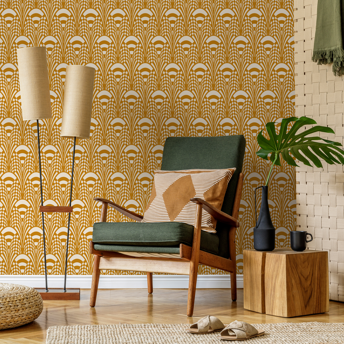 Art Deco Wallpaper with a Stylized Fan Motif in Yellow and White - detail view