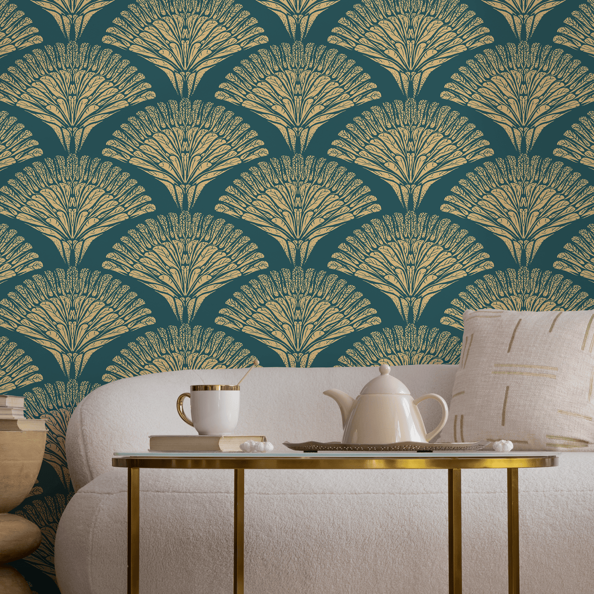 Art Deco Wallpaper with a Stylized Fan Motif in Teal and Gold - detail view