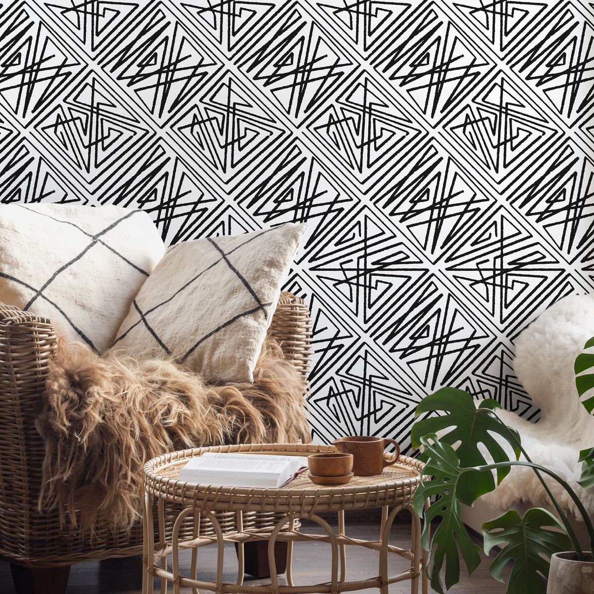 Geometric Wallpaper with Abstract Hand-Drawn Triangles in Black and White - detail view