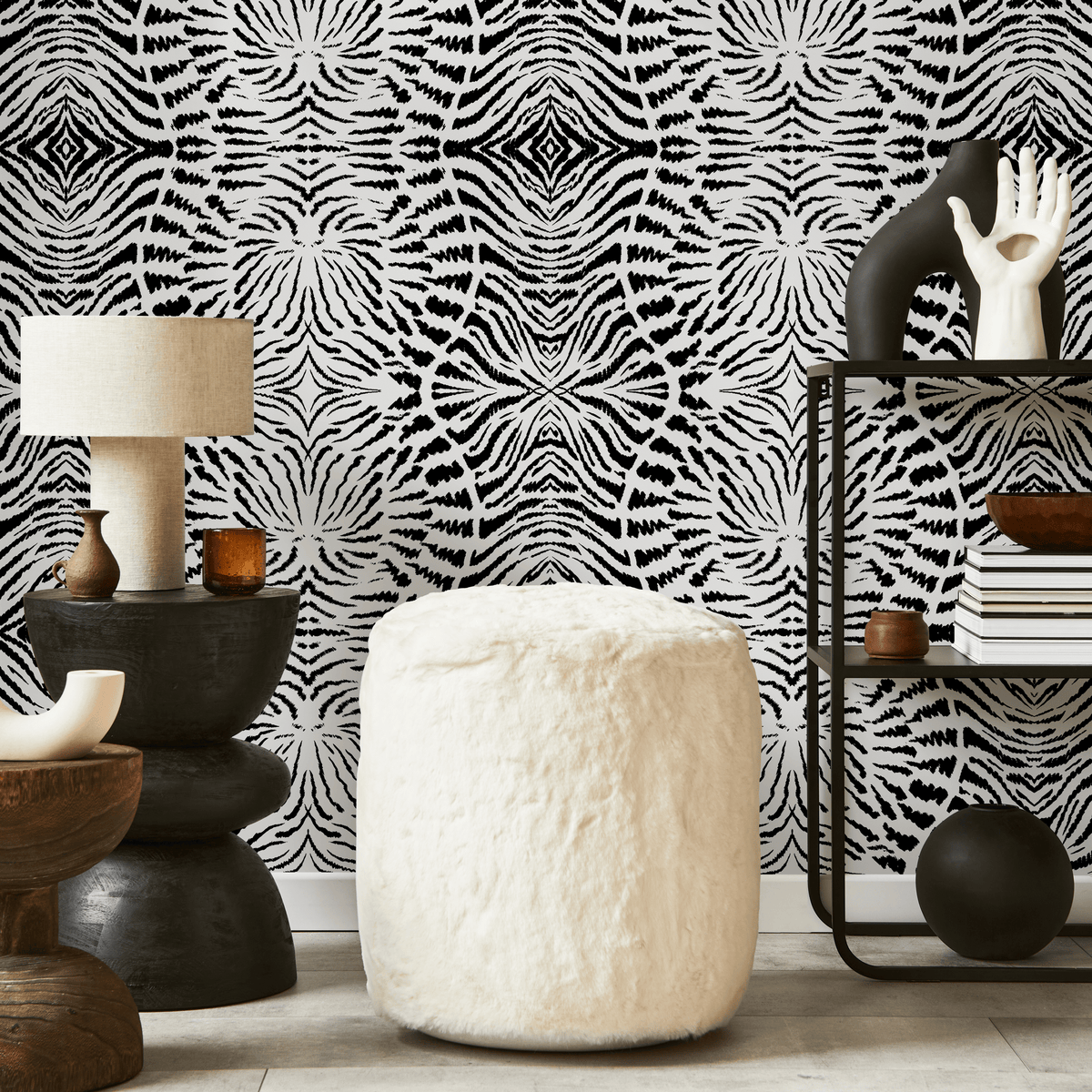 Abstract Wallpaper with a Symmetrical Zebra Stripe Motif in Black and White - detail view