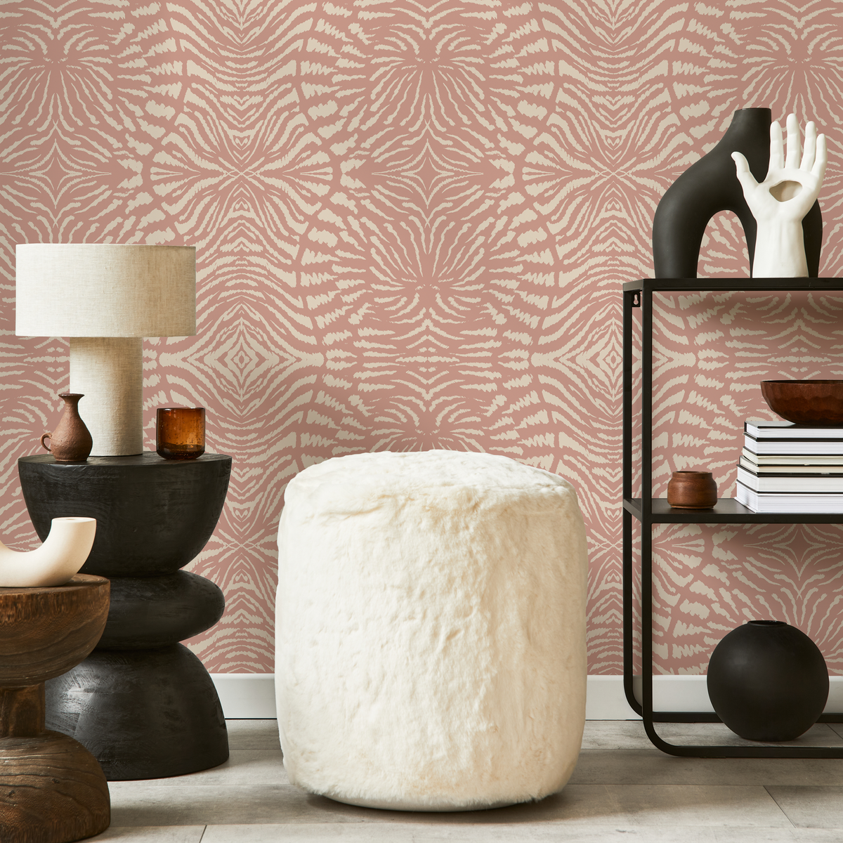 Abstract Wallpaper with a Symmetrical Ikat Motif in Warm Clay and Cream - detail view