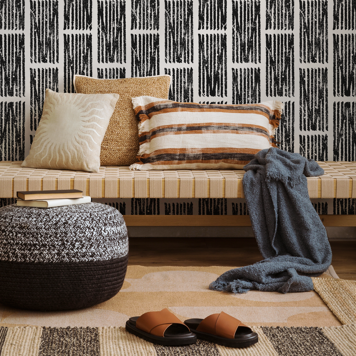 Geometric Wallpaper with a Distressed Block Print Motif in Black and White - detail view