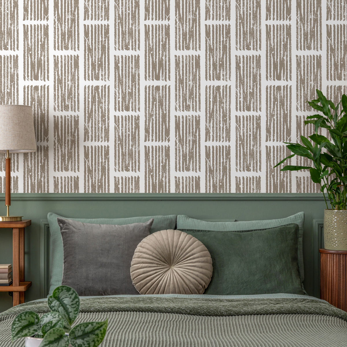 Geometric Wallpaper with a Distressed Block Motif in Beige and White - detail view