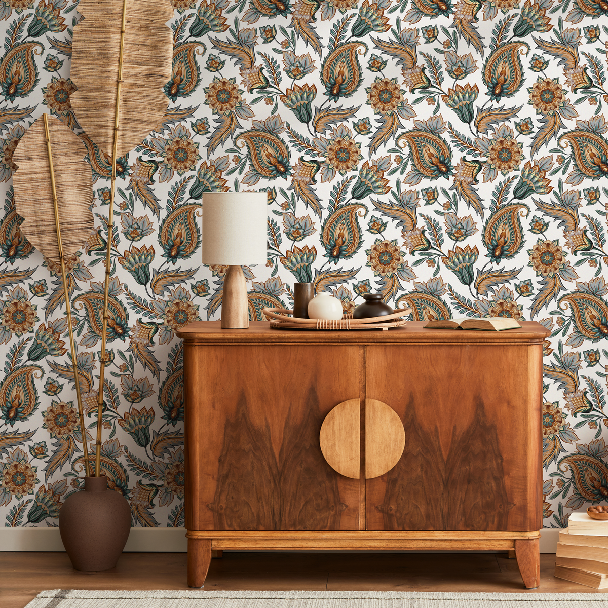 Paisley Wallpaper with Ornate Floral Details in Teal, Orange, and Blue - detail view