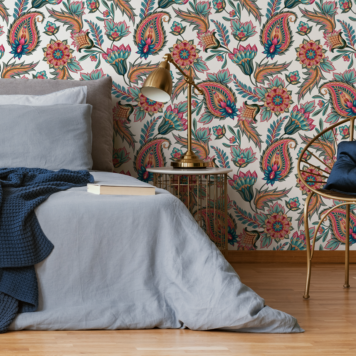 Paisley Wallpaper with Intricate Floral Motifs in Pink, Teal, and Orange - detail view