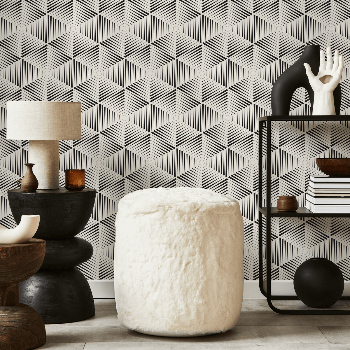 Geometric Wallpaper with an Optical Illusion Hexagon Motif in Black and Cream - detail view